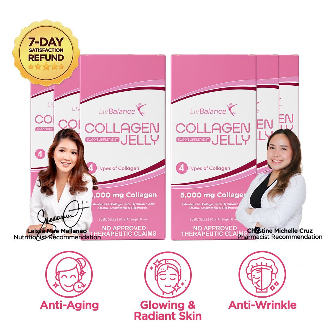 LivBalance Collagen Jelly - three stacked pink boxes with a pharmacist and benefit icons for anti-aging, glowing and radiant skin, and anti-wrinkle