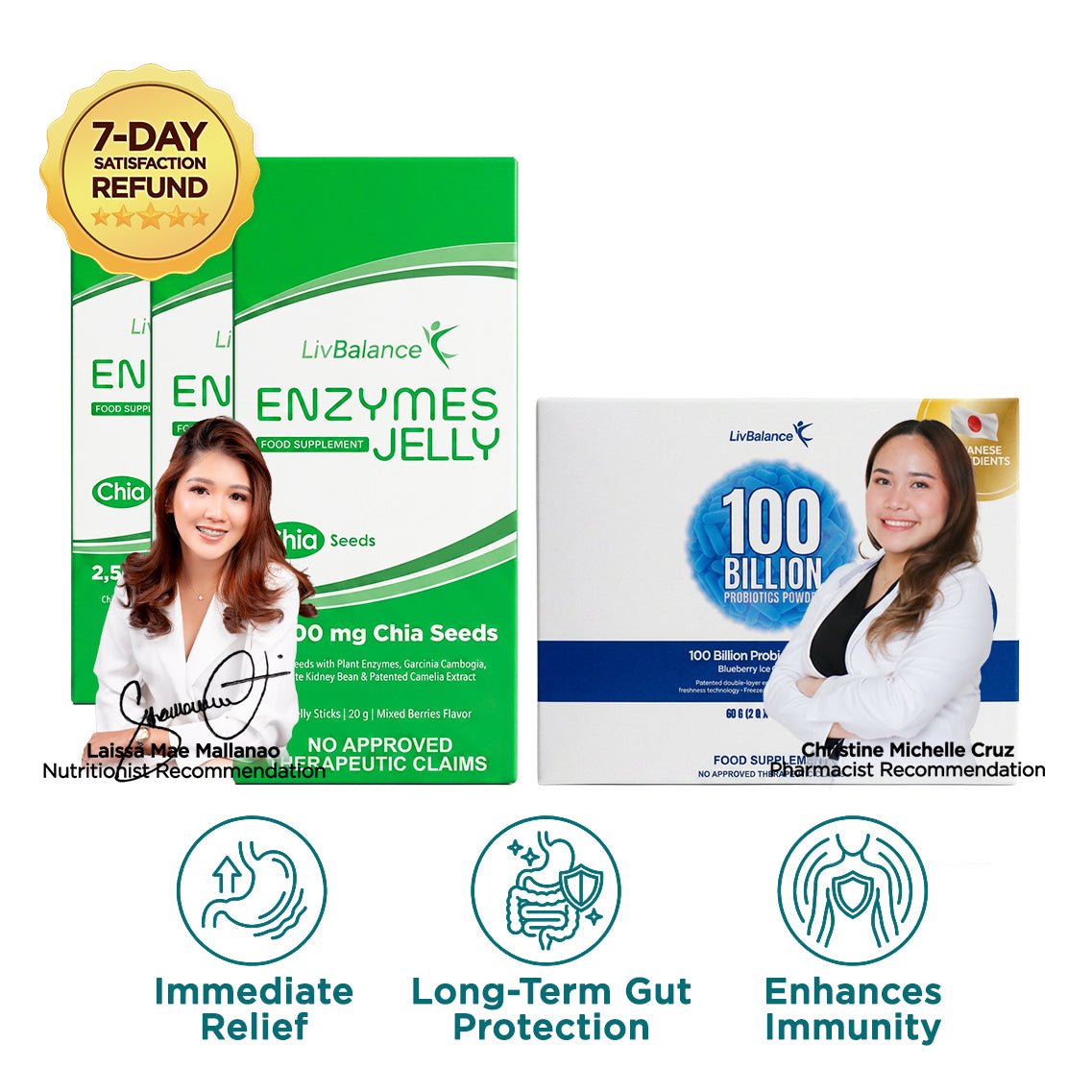 LivBalance Enzymes Jelly and 100 Billion Probiotics duo - boxes with a pharmacist and benefit icons for immediate relief, long-term gut protection and enhanced immunity