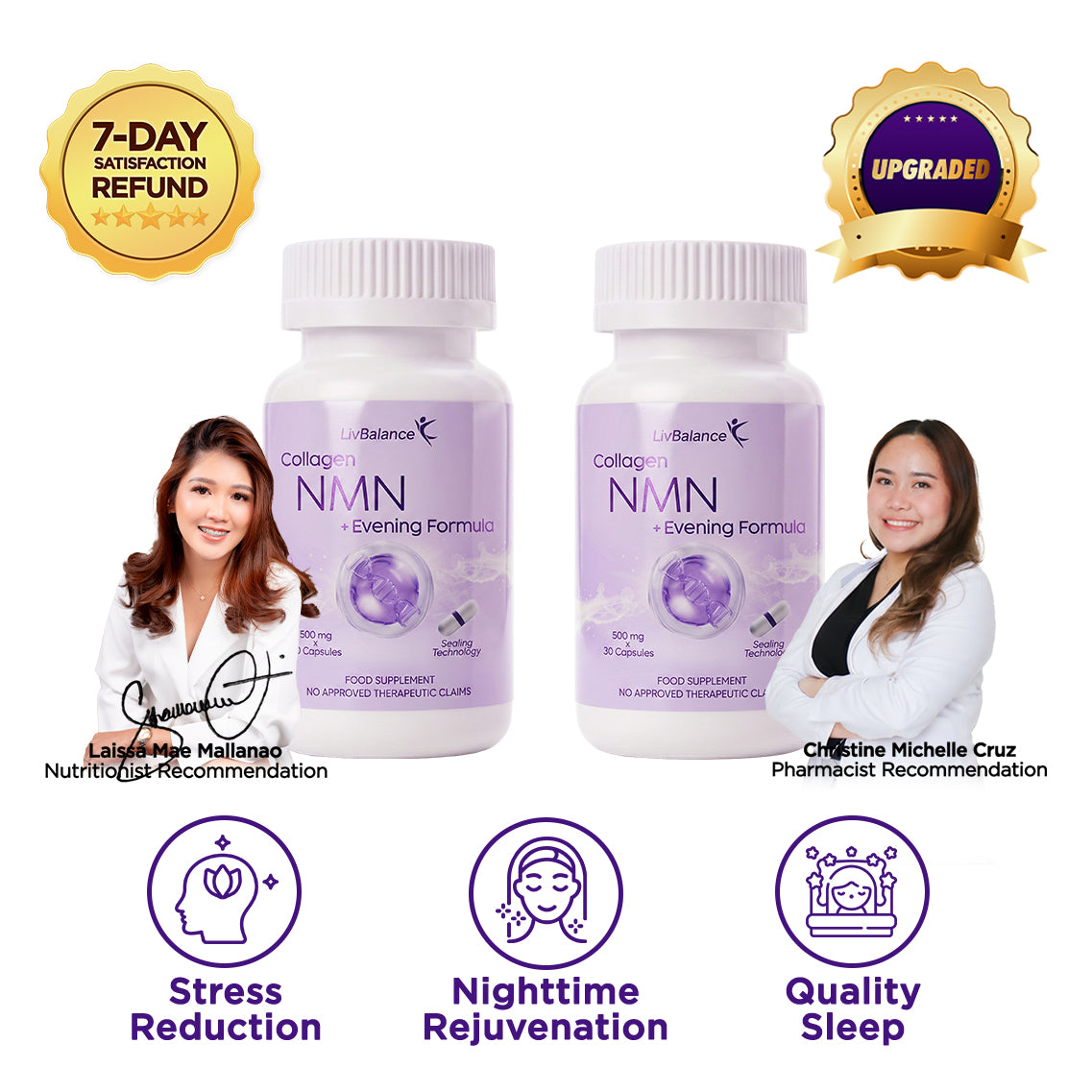 LivBalance Collagen NMN + Evening Formula - two purple bottles (60 capsules) with recommendations and benefit icons for stress reduction, nighttime rejuvenation and quality sleep
