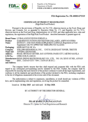 FDA Certificate - Evening Formula