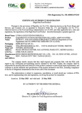 FDA Certificate - Evening Formula