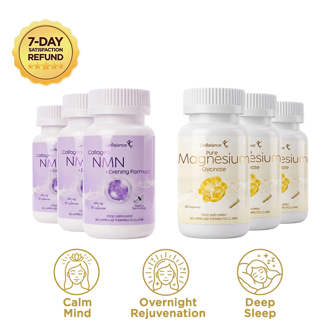 LivBalance Evening & Magnesium Duo - six-bottle set (three Evening Formula and three Magnesium) with benefit icons for calm mind, overnight rejuvenation and deep sleep