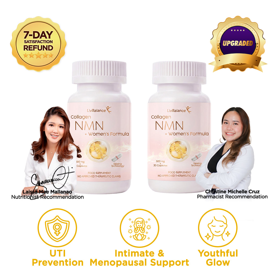 LivBalance Collagen NMN + Women's Formula - two bottles (60 capsules) with recommendations and benefit icons for UTI prevention, intimate and menopausal support, and youthful glow