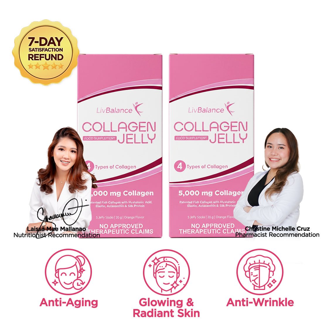 LivBalance Collagen Jelly - two pink boxes with a pharmacist and benefit icons for anti-aging, glowing and radiant skin, and anti-wrinkle