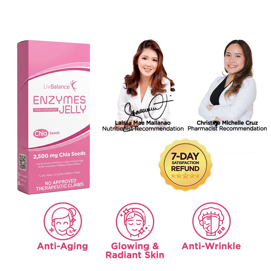 LivBalance Collagen Jelly - pink box (8,000 mg collagen) with nutritionist and pharmacist recommendations and benefit icons for anti-aging, glowing and radiant skin, and anti-wrinkle