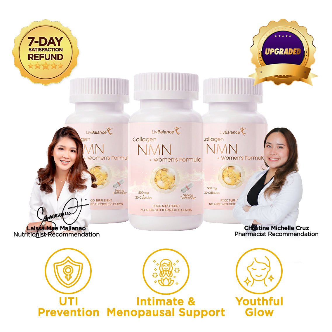 LivBalance Collagen NMN + Women's Formula - three white bottles with a pharmacist, an 'upgrade' badge, and benefit icons for UTI prevention, intimate and menopausal support, and youthful glow