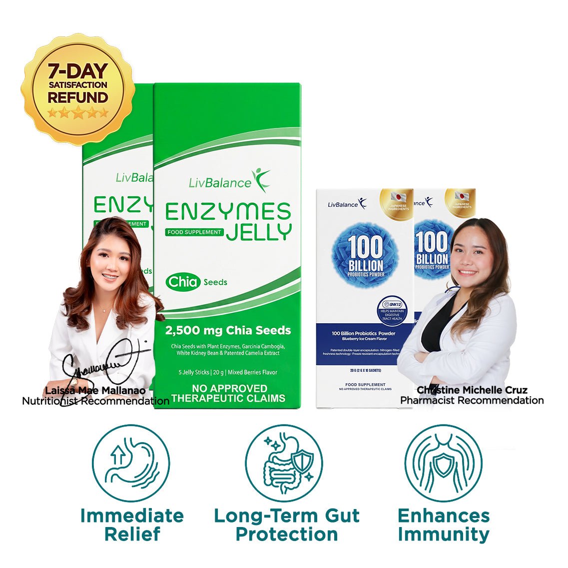 LivBalance Enzymes Jelly and 100 Billion Probiotics duo - boxes with a pharmacist and benefit icons for immediate relief, long-term gut protection and enhanced immunity
