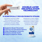 LivBalance 100 Billion Probiotics 'double-layer encapsulation technology' infographic - a hand holding a sachet with a list of 10 proven probiotic strains and their benefits