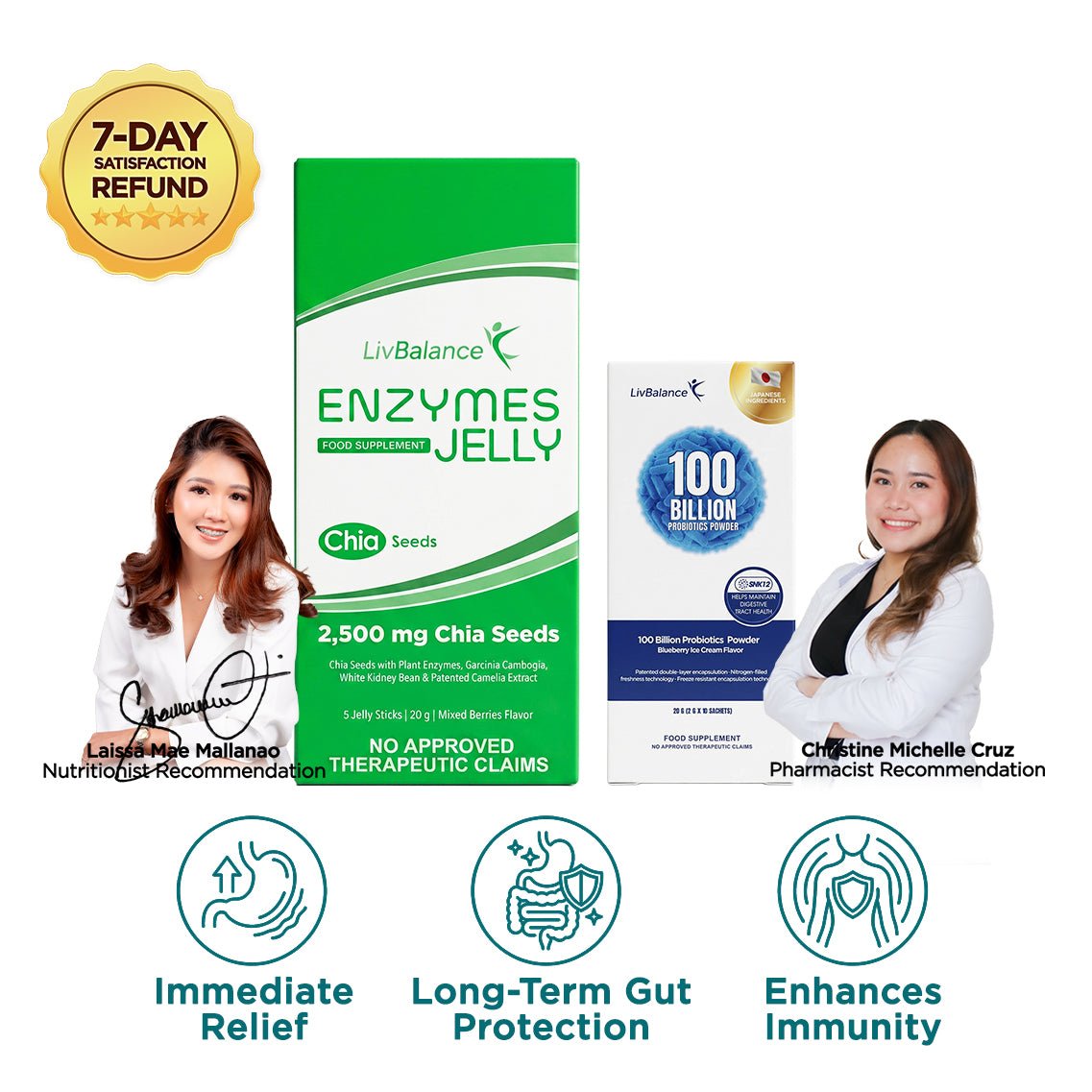 LivBalance Enzymes Jelly and 100 Billion Probiotics duo - green Enzymes Jelly box and blue Probiotics box with recommendations and benefit icons for immediate relief, long-term gut protection and enhanced immunity