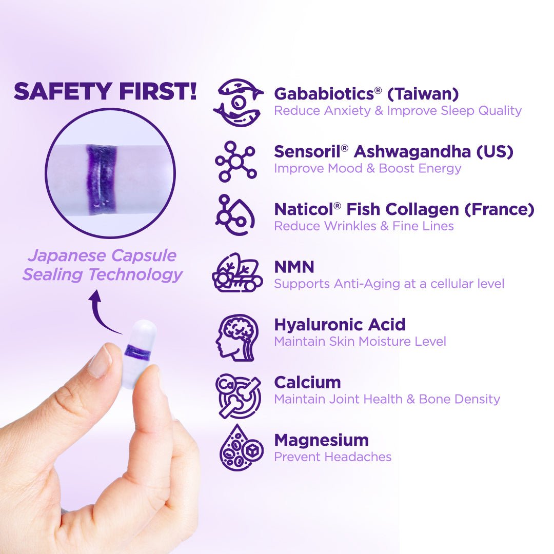 LivBalance Collagen NMN + Evening Formula 'Safety First' ingredient infographic - a hand holding a purple capsule, listing Gababiotics, Sensoril ashwagandha, Naticol fish collagen, NMN, hyaluronic acid, calcium and magnesium for sleep and recovery