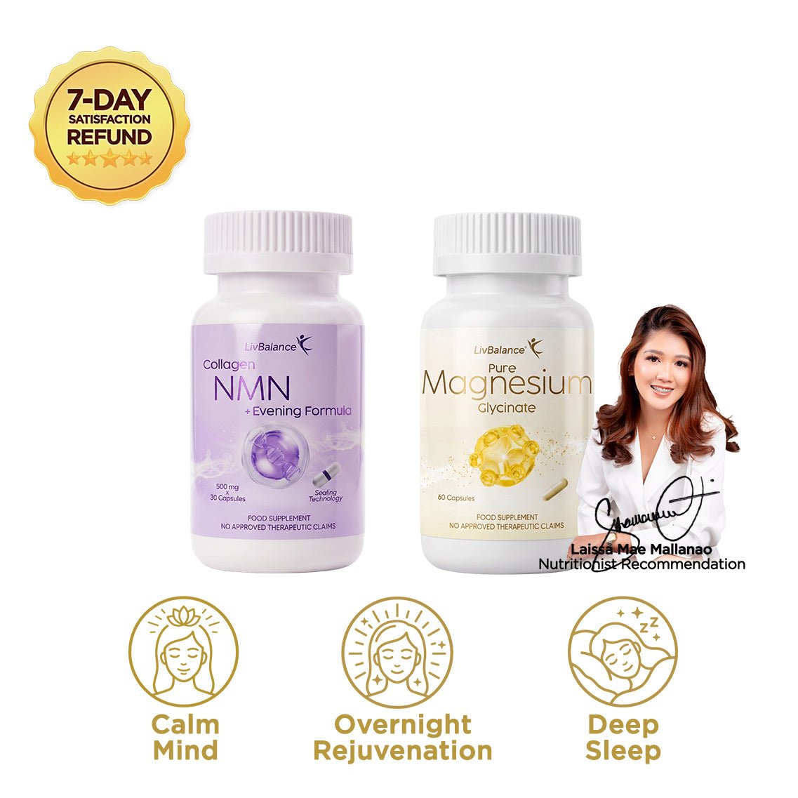 LivBalance Evening & Magnesium Duo - Collagen NMN Evening Formula and Magnesium Glycinate bottles with recommendations and benefit icons for calm mind, overnight rejuvenation and deep sleep