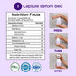 LivBalance Collagen NMN + Evening Formula usage infographic - '1 capsule before bed', a nutrition facts panel, press-turn-open steps, and FDA, HACCP and ISO badges
