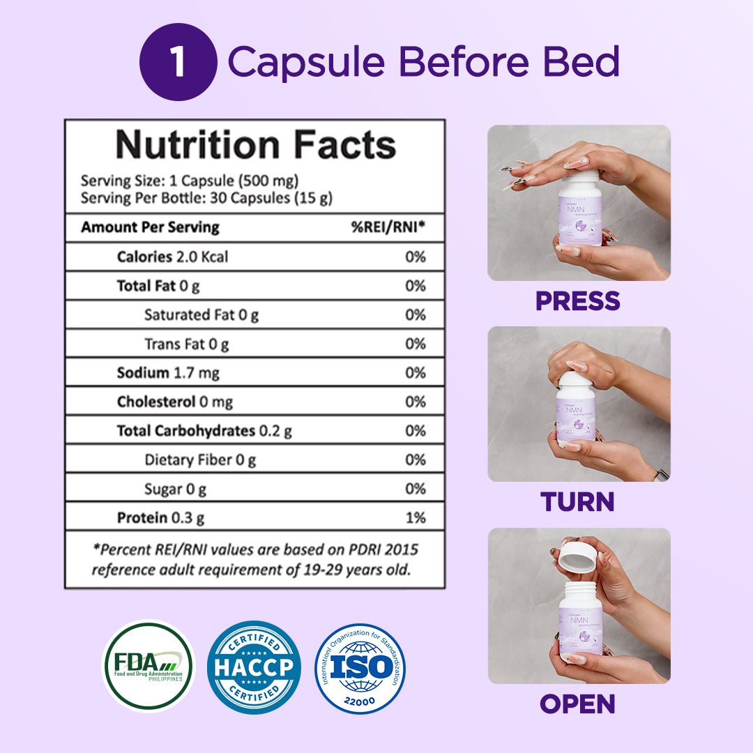 LivBalance Collagen NMN + Evening Formula usage infographic - '1 capsule before bed', a nutrition facts panel, press-turn-open steps, and FDA, HACCP and ISO badges