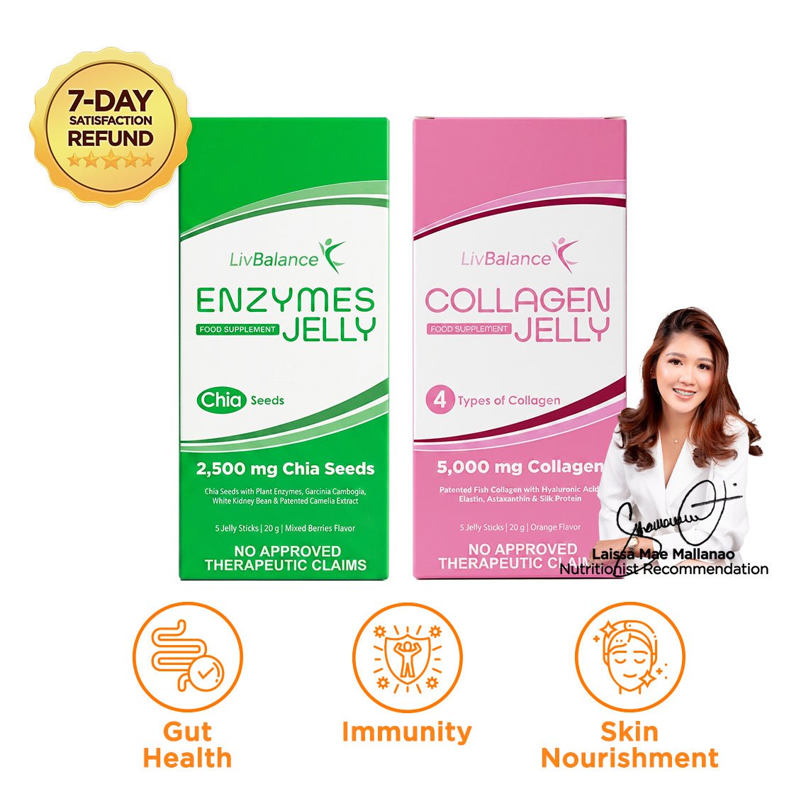 LivBalance Jelly Bundle - green Enzymes Jelly and pink Collagen Jelly boxes with nutritionist and pharmacist recommendations and benefit icons for gut health, immunity and skin nourishment