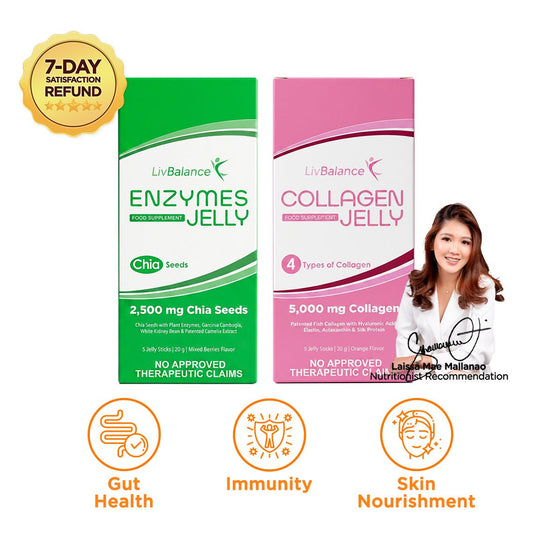 LivBalance Jelly Bundle - green Enzymes Jelly and pink Collagen Jelly boxes with nutritionist and pharmacist recommendations and benefit icons for gut health, immunity and skin nourishment