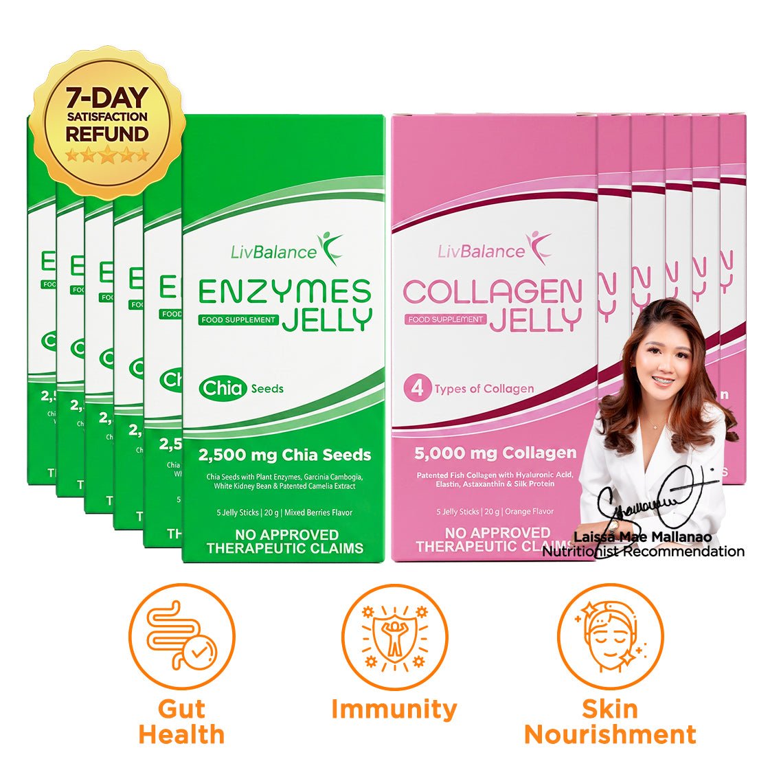 LivBalance Jelly Bundle - green Enzymes Jelly and pink Collagen Jelly boxes with a pharmacist and benefit icons for gut health, immunity and skin nourishment