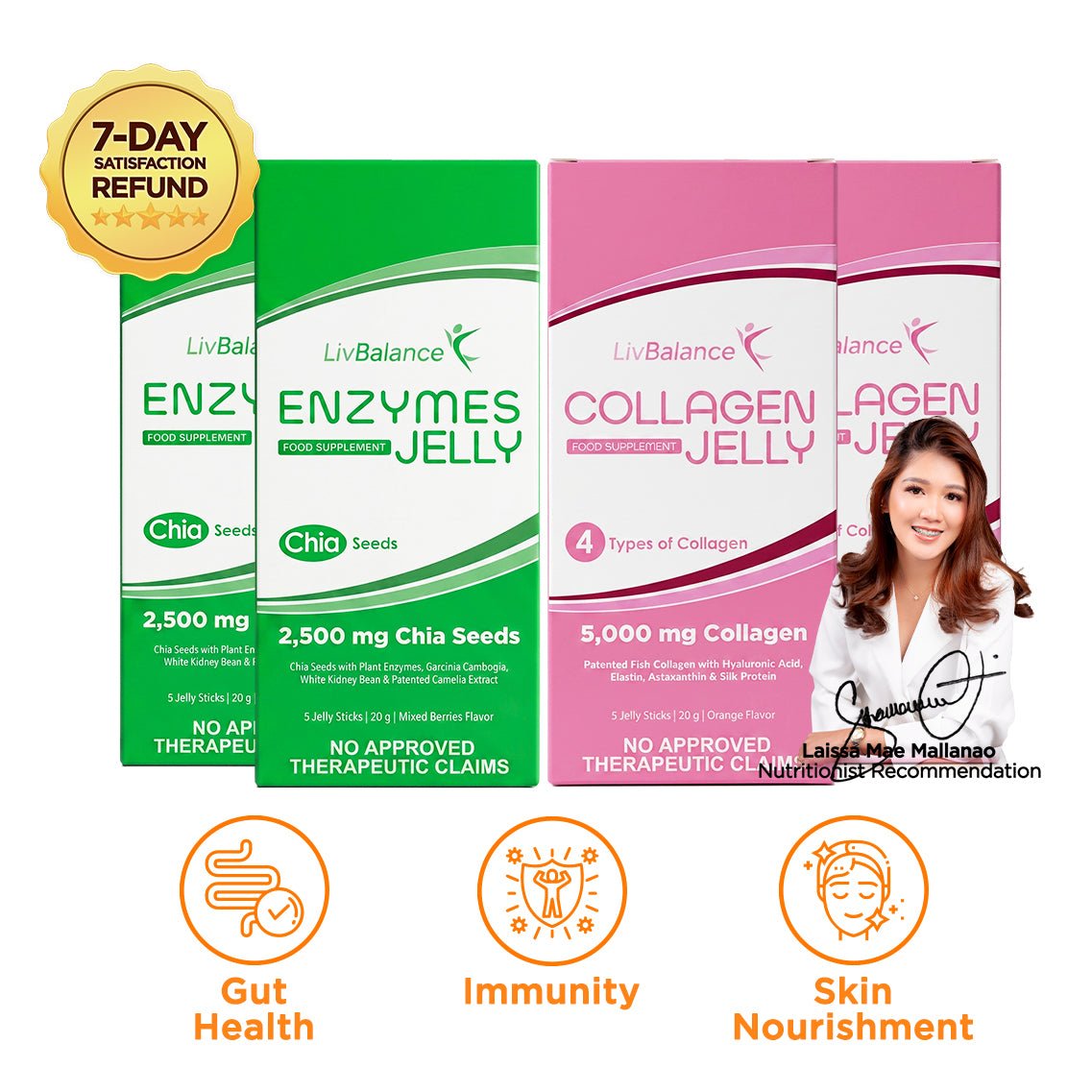 LivBalance Jelly Bundle - green Enzymes Jelly and pink Collagen Jelly boxes with a pharmacist and benefit icons for gut health, immunity and skin nourishment