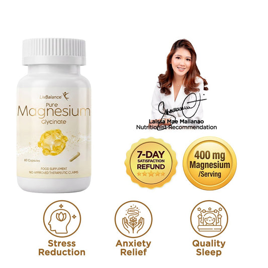 LivBalance Magnesium Glycinate bottle (400 mg magnesium per serving) with pharmacist recommendation and benefit icons for stress reduction, anxiety relief and quality sleep