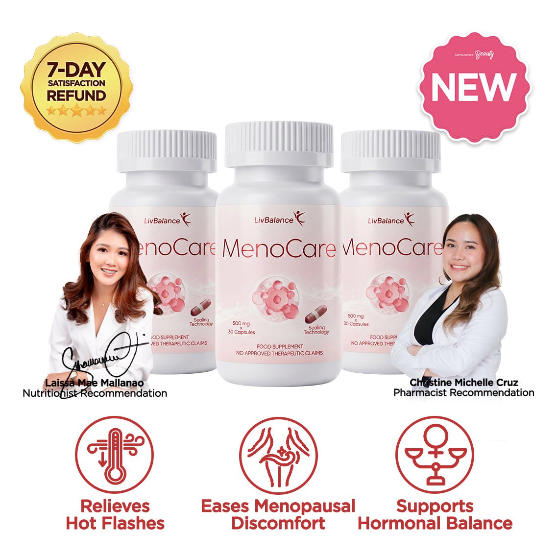 LivBalance MenoCare - three bottles with a pharmacist, a 'new' badge, and benefit icons for relieves hot flashes, eases menopausal discomfort and supports hormonal balance