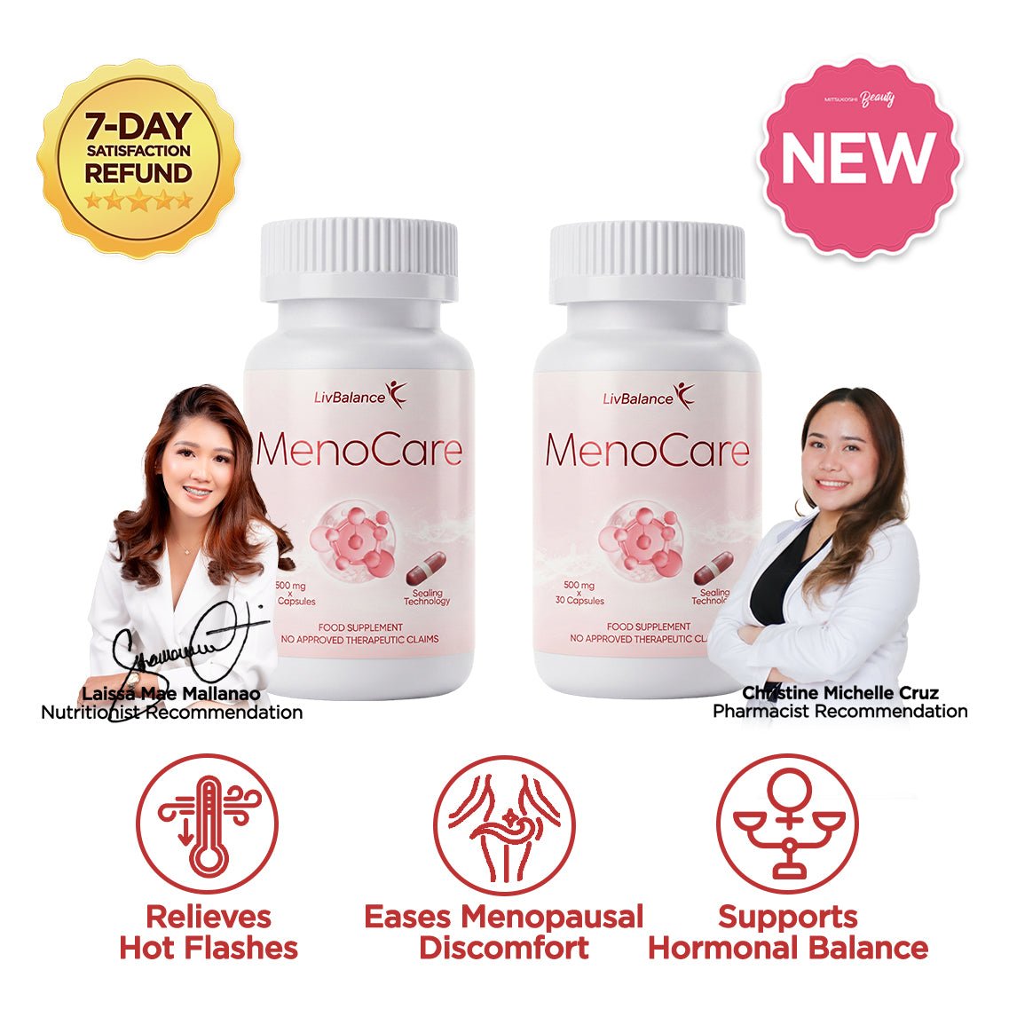 LivBalance MenoCare - two bottles with a pharmacist, 'new' and 7-day refund badges, and benefit icons for relieves hot flashes, eases menopausal discomfort and supports hormonal balance