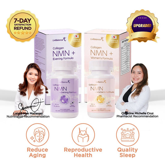 LivBalance Women's & Evening Duo - Collagen NMN Women's Formula and Evening Formula bottles with recommendations and benefit icons for reduced aging, reproductive health and quality sleep